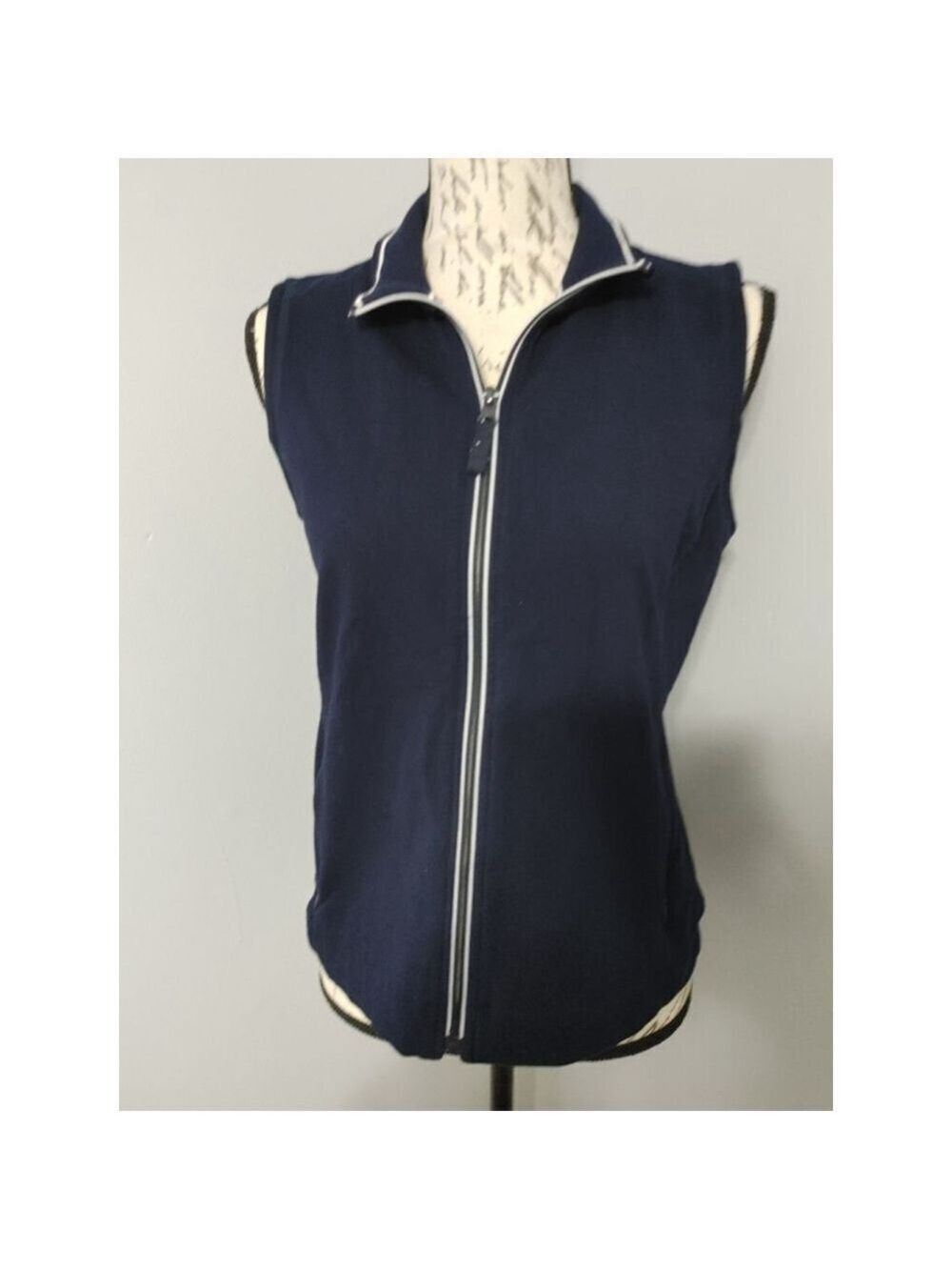 Women's T by Talbots Navy Full Zip Vest Small Petite with White Trim